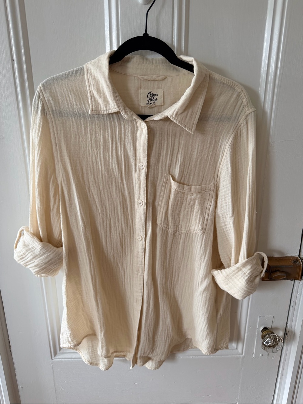 Lightweight Cream Button-Down Shirt with Chest Pocket